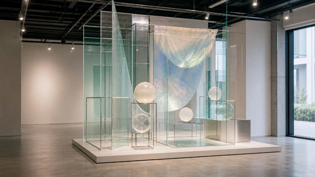 Contemporary gallery installation with glass panels, iridescent drapery, and glowing spheres on a white platform