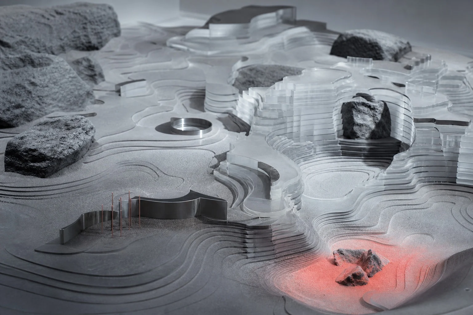 Constructed topographic landscape of translucent contours and mineral forms