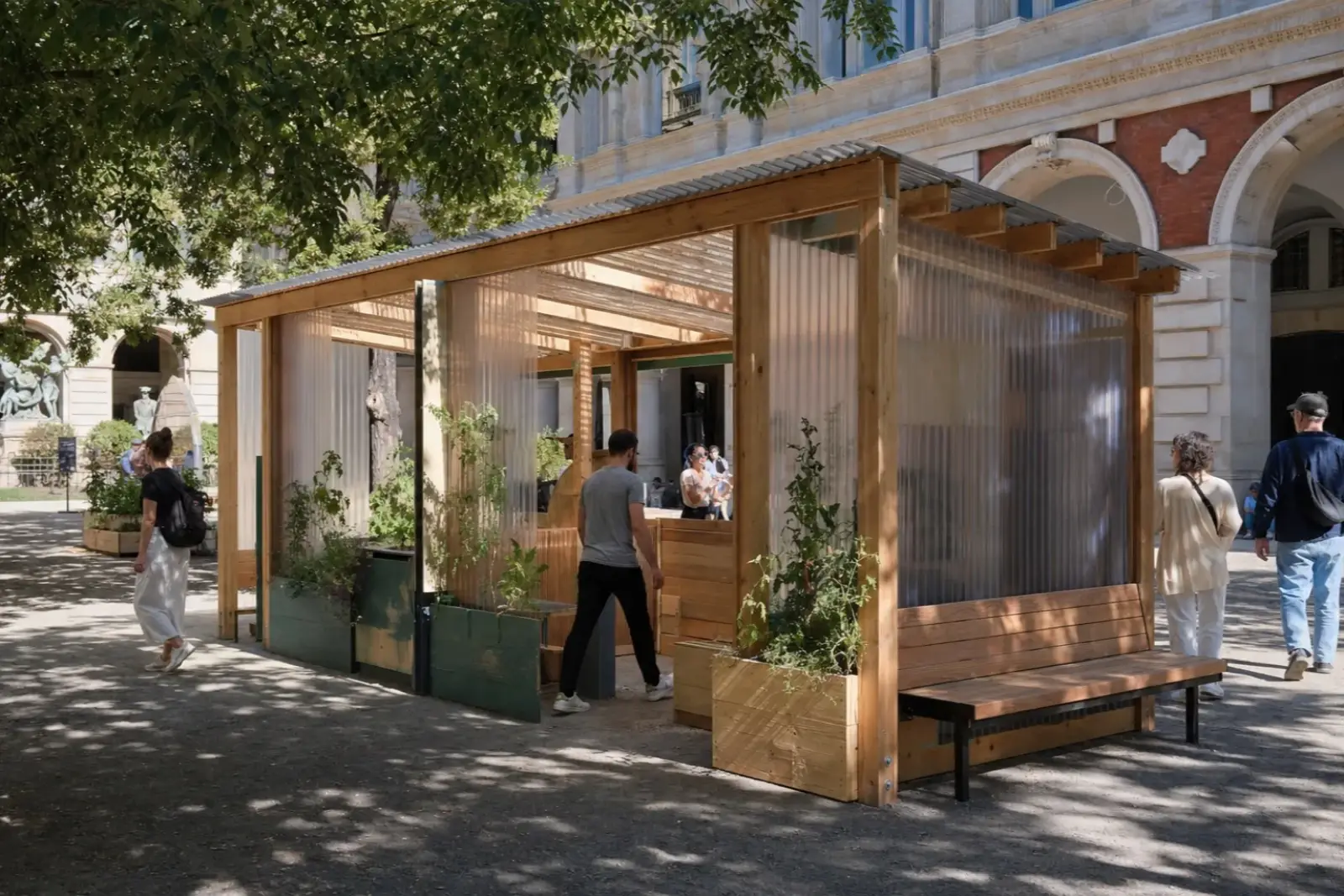 Temporary pavilion gathering in a public cultural courtyard